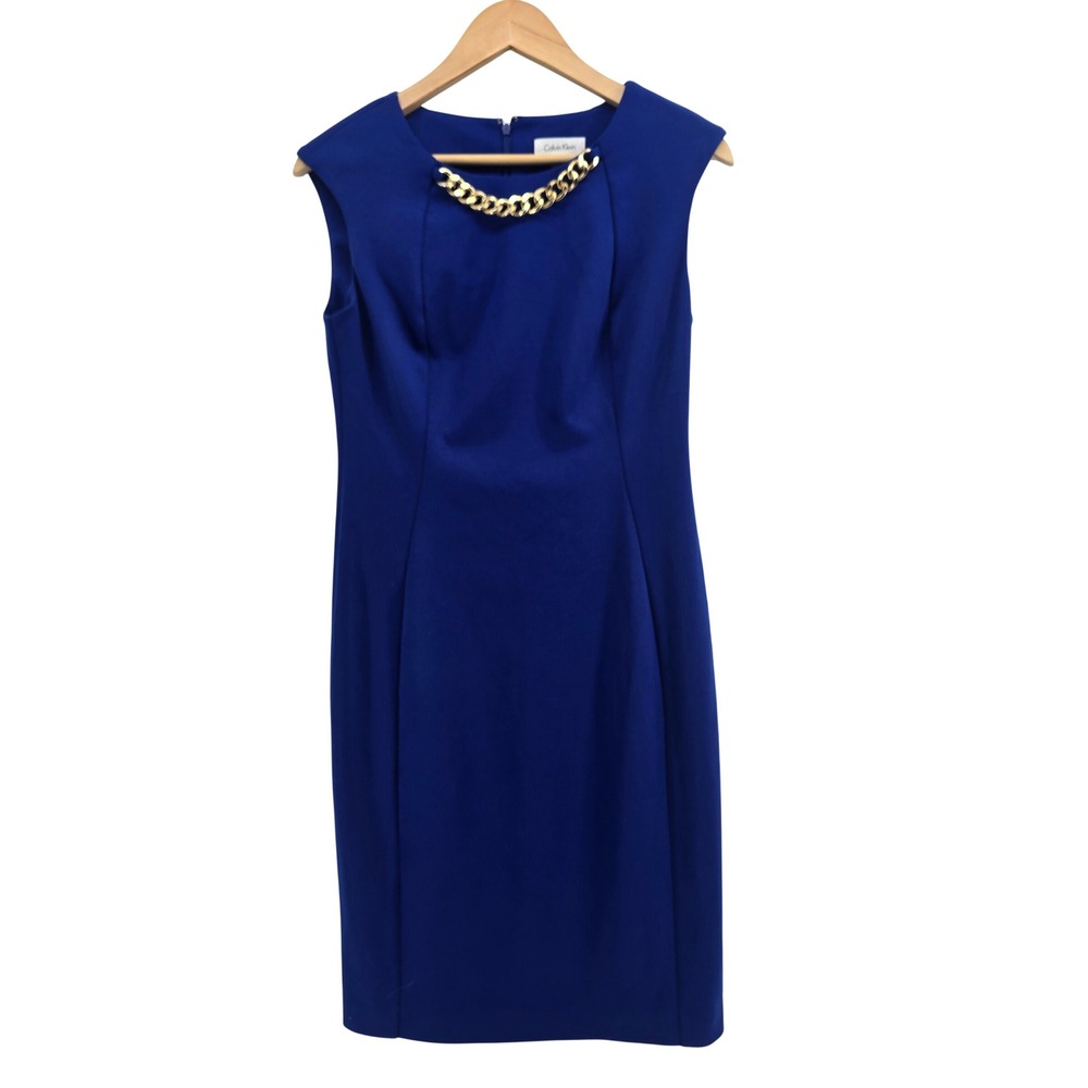 Calvin Klein Sheath Dress Womens 6 Chain Neck Royal Blue Sleeveless EUC